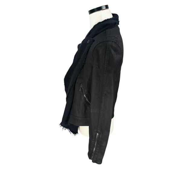 Free People Drape Front Moto Jacket Women’s 8 Black Denim Cotton Long Sleeve - Picture 4 of 11